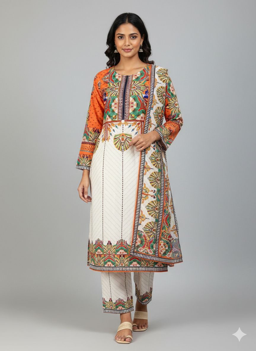Sunset Orange & Cream Mandala Print 3-Piece Suit