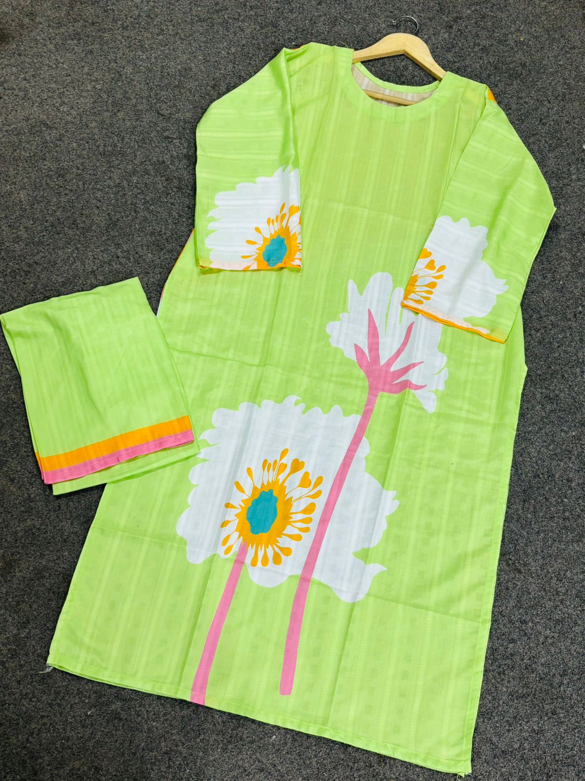 Lime Green Floral Print Long Kurta & Trouser Set