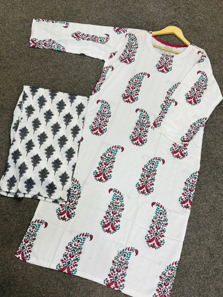 White Paisley Print Kurta & Contrast Trouser Set