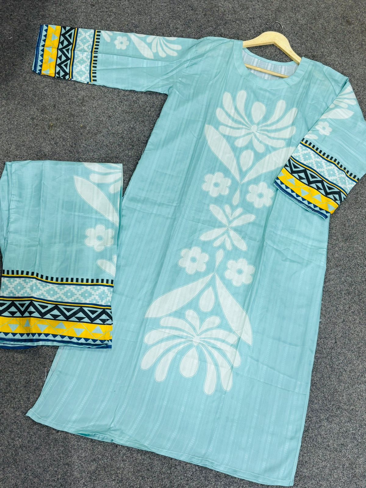 Sky Blue Lotus Print Kurta & Trouser Set