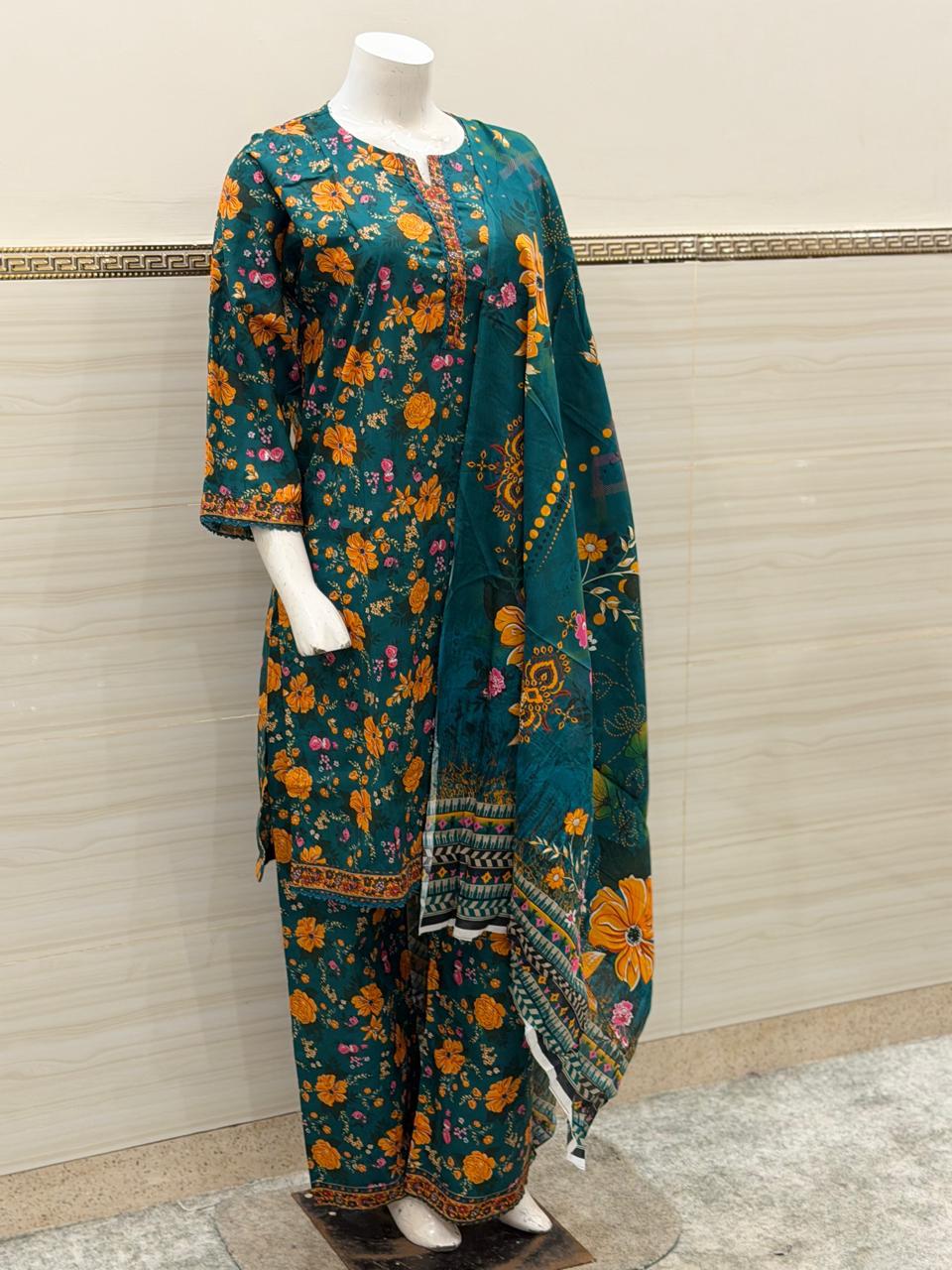 Deep Teal & Golden Ochre 3-Piece Stitched Suit