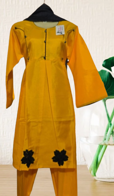 Mustard Yellow & Black Floral Appliqué Kurta Set