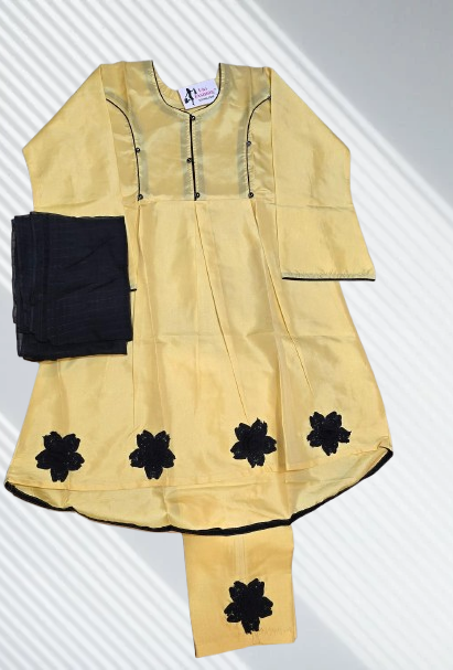 Mustard Yellow & Black Floral Appliqué Kurta Set