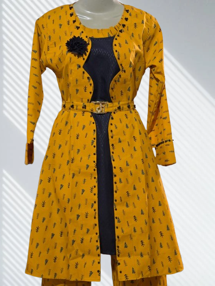 Mustard & Black Layered Long Jacket Set