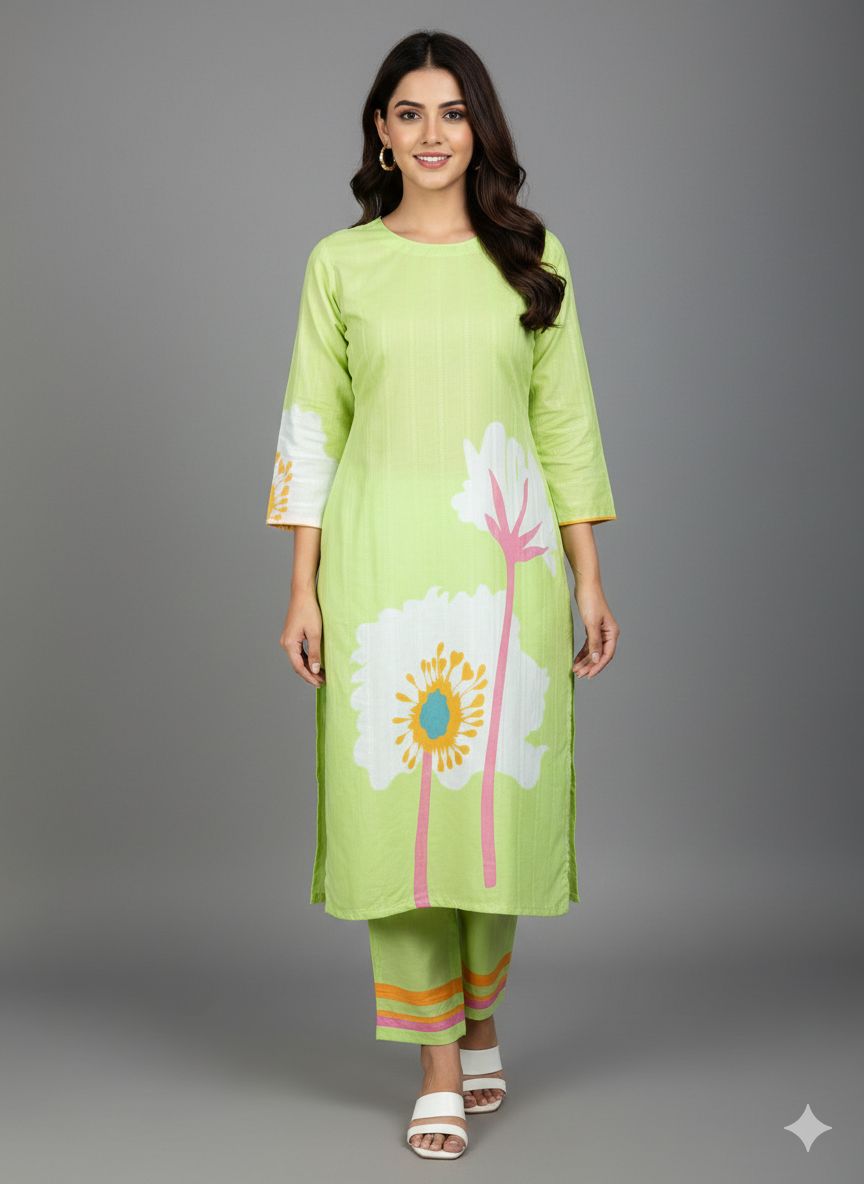 Lime Green Floral Print Long Kurta & Trouser Set