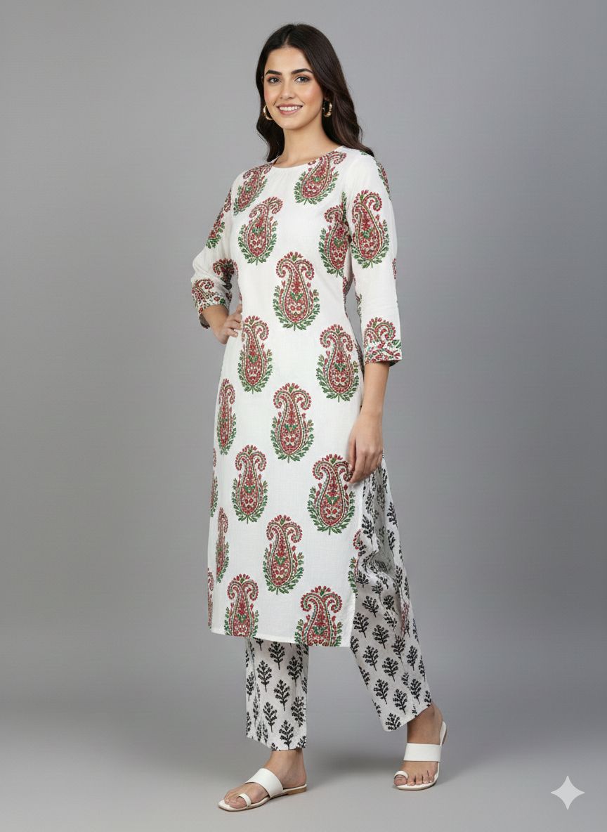 White Paisley Print Kurta & Contrast Trouser Set