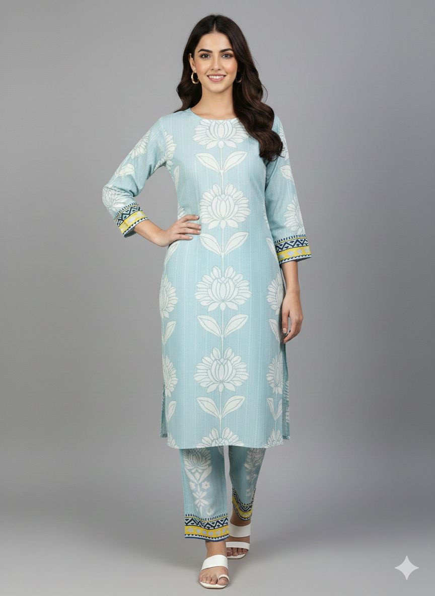 Sky Blue Lotus Print Kurta & Trouser Set