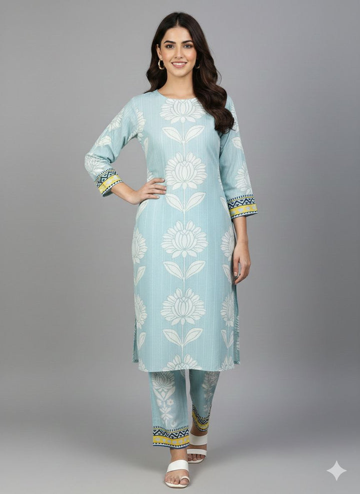 Sky Blue Lotus Print Kurta & Trouser Set